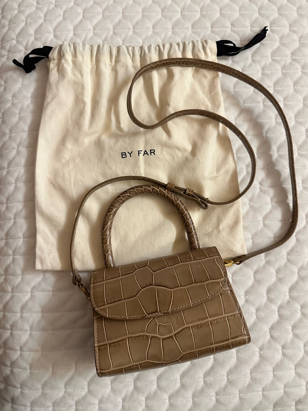 BY FAR Mini Croc-Embossed Top Handle Bag in Taupe